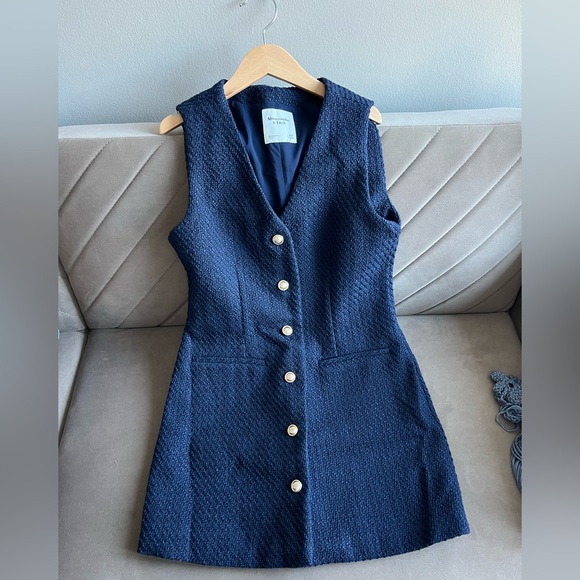 Abercrombie Mara V-neck Navy Blue Tweed Vest Dress - Picture 2 of 5